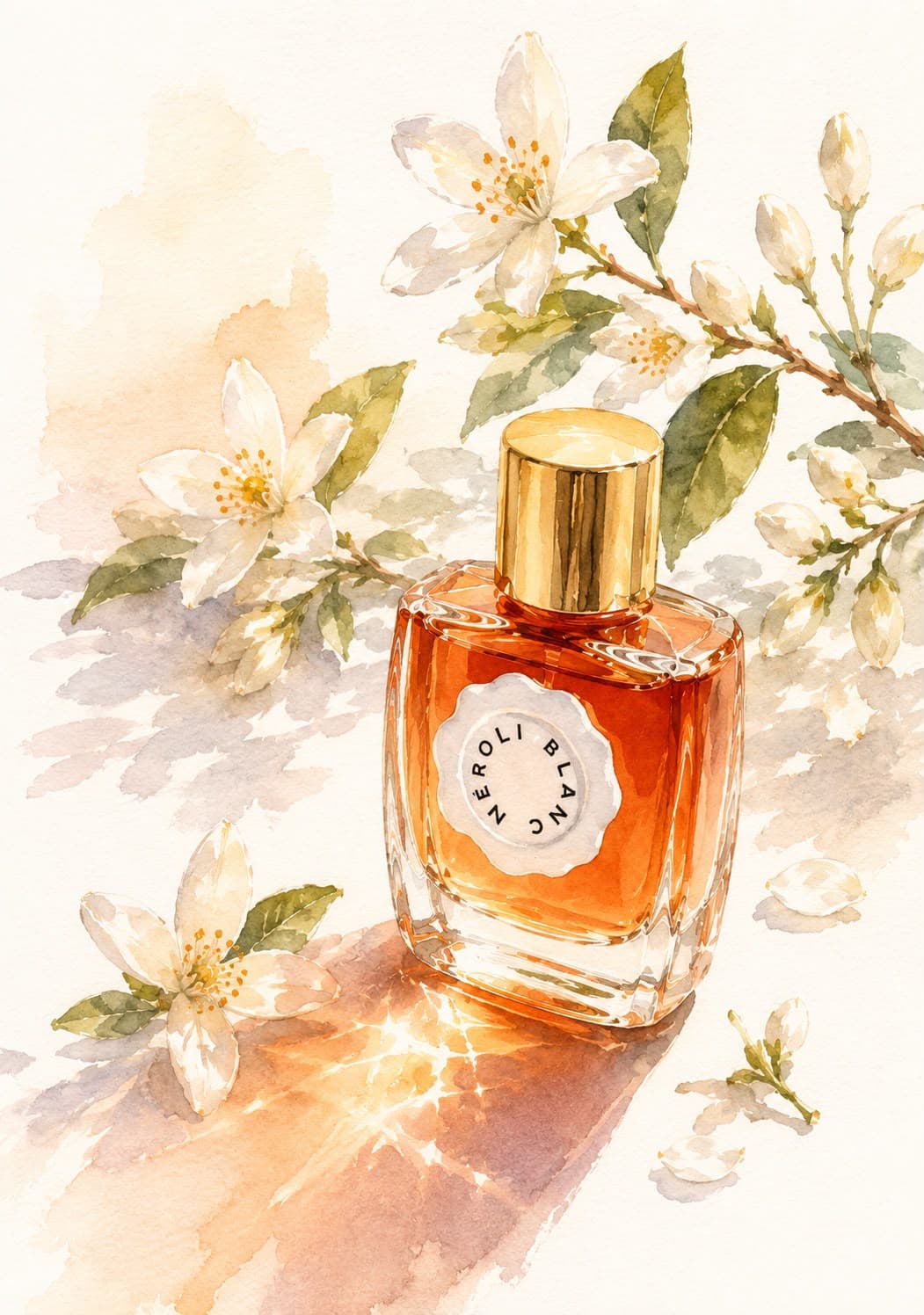 Illustration à l’aquarelle du flacon Néroli Blanc et de fleurs d’oranger