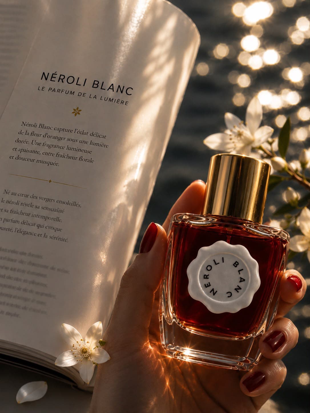 Le flacon Néroli Blanc tenu à la main devant un livre ouvert