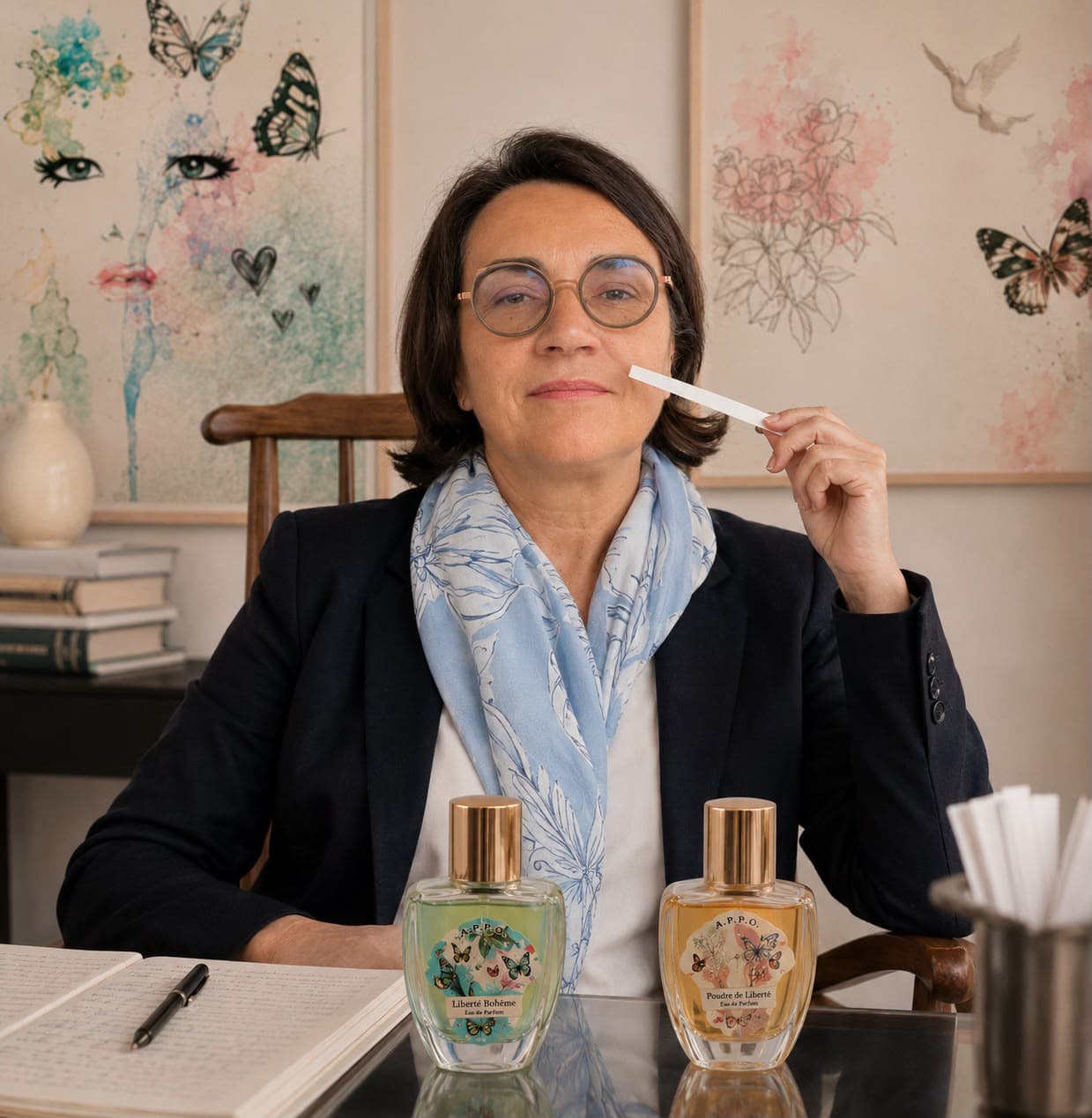 Virginie Roux à son atelier de création, une mouillette à la main